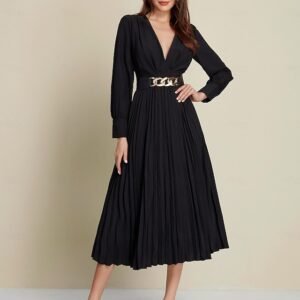 Black Satin Pleated Party/Wedding Guest Deep V Long Sleeve Belted Maxi Dress dress to impress 2024 Ador Black 2025 $65.00 XS S M L XL 2XL 3XL 4XL