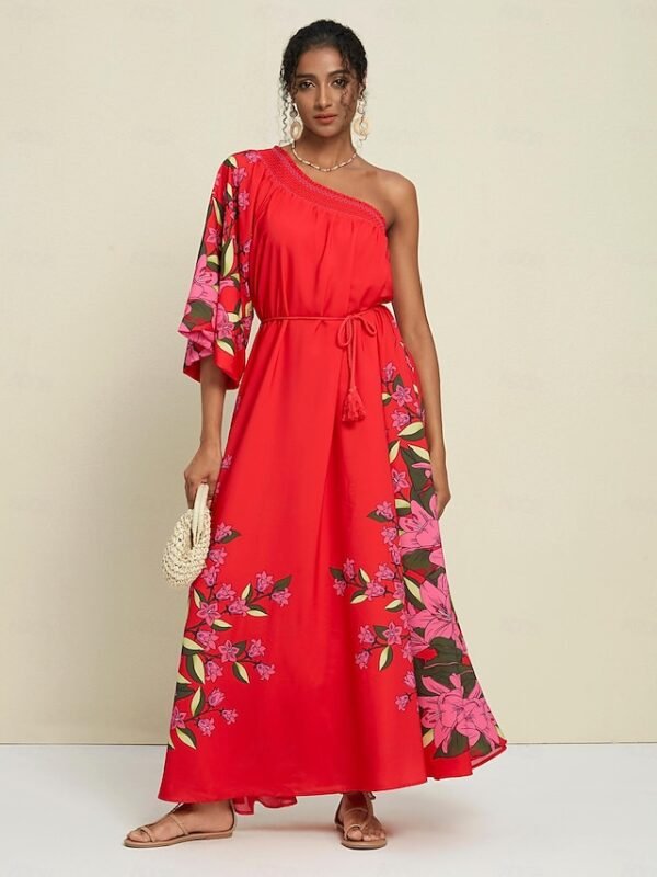 Chiffon Bohemia Wedding Guest Stripe Smocked One Shoulder Maxi Dress Ador Red 2025 $59.00 XS S M L XL 2XL 3XL 4XL