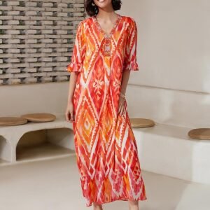 Chiffon Ethnic Print V Neck Midi Dress Ador Orange 2025 $39.00 XS S M L XL 2XL 3XL 4XL