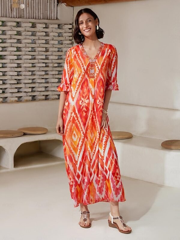 Chiffon Ethnic Print V Neck Midi Dress Ador Orange 2025 $39.00 XS S M L XL 2XL 3XL 4XL