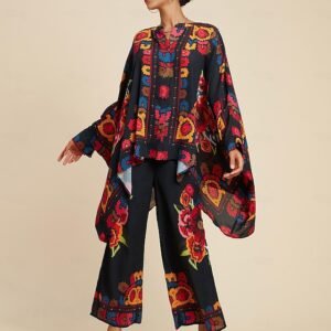 Chiffon Floral Print Lapel Two Piece Set Ador Black 2025 $49.00 XS S M L XL 2XL 3XL 4XL