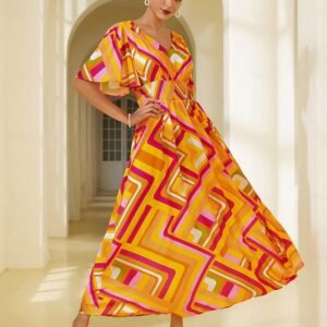 Chiffon Geometric V Neck Maxi Dress Ador Orange 2025 $52.00 XS S M L XL 2XL 3XL 4XL