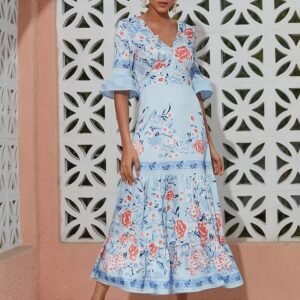 Floral Print Satin V Neck Maxi Dress Ador Blue 2025 $69.00 XS S M L XL 2XL 3XL 4XL