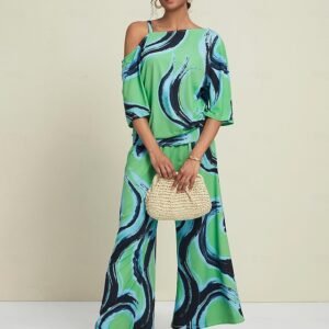 Geometric Mismatched Slash Neck Cold Shoulder Two Piece Set Ador Green 2025 $49.00 XS S M L XL 2XL 3XL 4XL