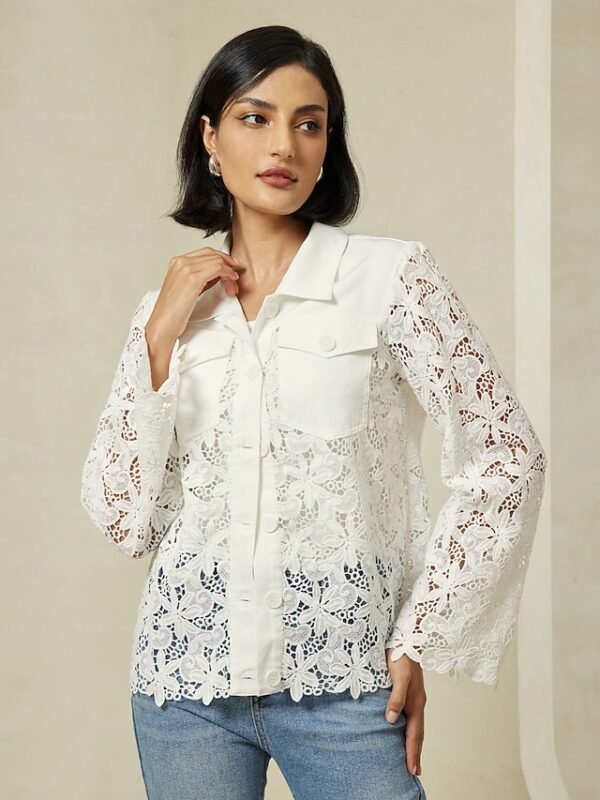 Lace Button Down Pocket Shacket Ador White 2025 $49.00 XS S M L XL 2XL 3XL 4XL