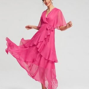 Pink Chiffon Wedding Guest/Party Solid Ruffle Sleeve Elegant Maxi Dress dress to impress 2024 Ador Pink 2025 $49.00 XS S M L XL 2XL 3XL 4XL