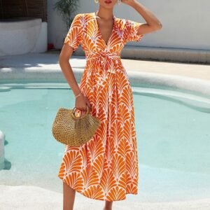 Rayon Geometric Belted Midi Dress Ador Orange 2025 $41.00 XS S M L XL 2XL 3XL 4XL