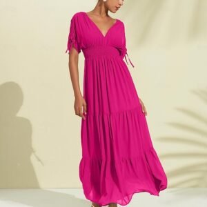 Rose Red Chiffon Wedding Guest/Vacation/Party Halter V Neck Tie Back Smock Maxi Dress dress to impress 2024 Ador Rose Red 2025 $59.00 XS S M L XL 2XL