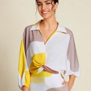 Satin Contrast Knot Front Balloon Sleeve Shirt Ador Yellow 2025 $39.00 XS S M L XL 2XL 3XL 4XL