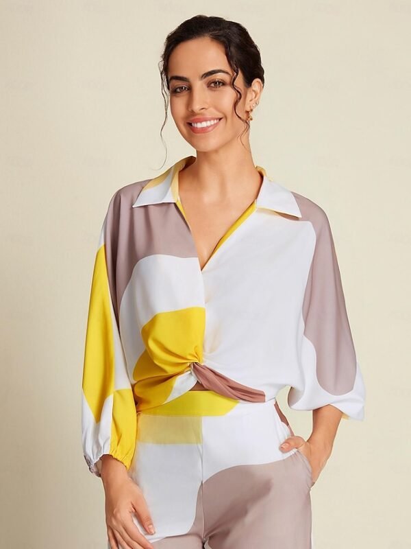 Satin Contrast Knot Front Balloon Sleeve Shirt Ador Yellow 2025 $39.00 XS S M L XL 2XL 3XL 4XL