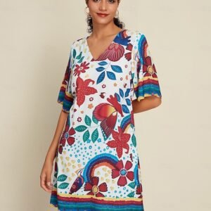 Satin Floral Print Half Sleeve V Neck Mini Dress Ador White 2025 $38.00 XS S M L XL 2XL 3XL 4XL