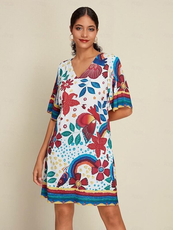 Satin Floral Print Half Sleeve V Neck Mini Dress Ador White 2025 $38.00 XS S M L XL 2XL 3XL 4XL