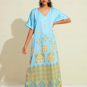 Satin Floral Swing Short Sleeve V Neck Maxi Dress Ador Yellow 2025 $41.00 XS S M L XL 2XL 3XL 4XL