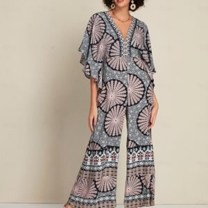 Satin Folk Print Magyar Sleeve Deep V Neck Jumpsuit Ador Multi Color 2025 $45.00 XS S M L XL 2XL 3XL 4XL