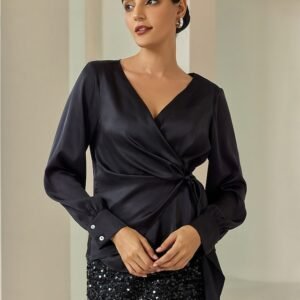 Satin Lantern Sleeve Black Elegant V Neck Blouse Ador Black 2025 $25.00 XS S M L XL 2XL 3XL 4XL