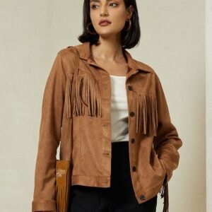 Suede Fringe Hem Crew Neck Jacket Ador Brown 2025 $37.00 XS S M L XL 2XL 3XL 4XL