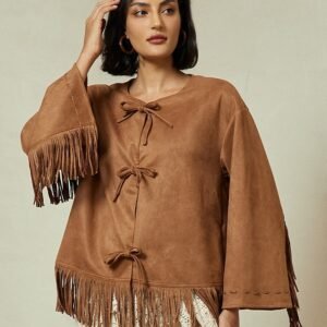 Suede Fringed Flare Cuff Sleeve Jacket Ador Brown 2025 $36.00 XS S M L XL 2XL 3XL 4XL