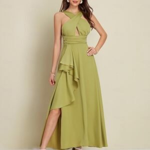 Women's Army Green Maxi Party/Wedding Guest /Cocktail Dress Satin Green Halter Neck Front Slit Cut-out Asymmetrical Ruffle dress to impress 2024 Ador