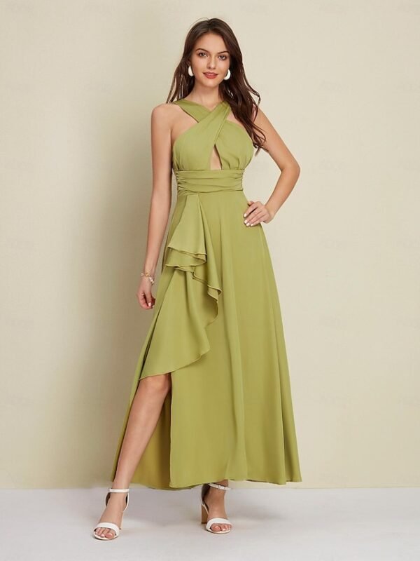 Women's Army Green Maxi Party/Wedding Guest /Cocktail Dress Satin Green Halter Neck Front Slit Cut-out Asymmetrical Ruffle dress to impress 2024 Ador