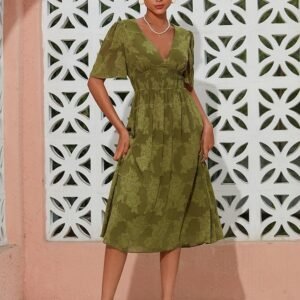 Women's Elegant Dress Yellow Green Short Sleeve Jacquard Jacquard Spring & Summer V Neck Elegant Dress Date Vacation S M L Ador Green 2025 $41.00 XS S