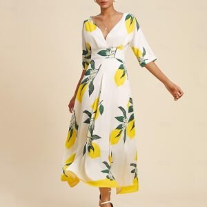 Women's Hem Maxi Satin Maxi Maxi Dress Yellow Half Sleeve Fruit Print Spring and Summer V Neck Dresses Vacation S M L Ador Yellow 2025 $49.00 XS S M L