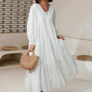 Women's Linen Cotton Blend White Dress Button V Neck Solid Color Boho Maxi Dress Ador White 2025 $49.00 XS S M L XL 2XL 3XL 4XL