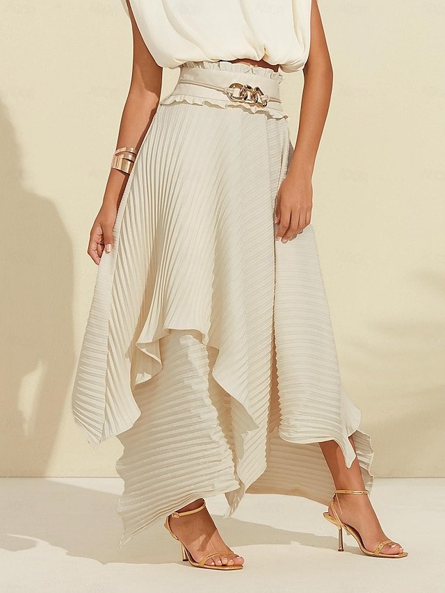 Women's Pleated Maxi Skirt Asymmetrical Handkerchief Hem Belted High-Waist Flowy Elegant Casual Work Spring Summer Ador Beige 2025 $49.00 XS S M L XL