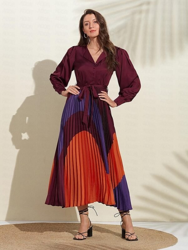 Women's Satin Dress Hem Maxi Purple Long Sleeve Geometic Button Tie Belt Spring V Neck Maxi Dress S M L Ador Purple 2025 $48.00 XS S M L XL 2XL 3XL 4X