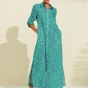 Women's Shirt Dress Print Dress Maxi Dress Blue Green Leopard prints Roll up Sleeves Sequin Summer Shirt Collar Leopard Print S M L Ador Green Blue 20