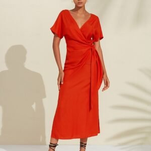 Women's Tencel Linen Orange Red V Neck Shirred Wrap Midi Dress Ador Red Royal Blue Peacock Green 2025 $49.00 XS S M L XL 2XL 3XL 4XL